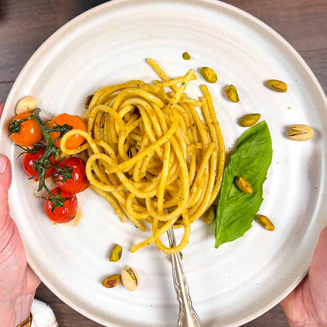 Pistachio Pesto Pasta with Blistered Tomatoes