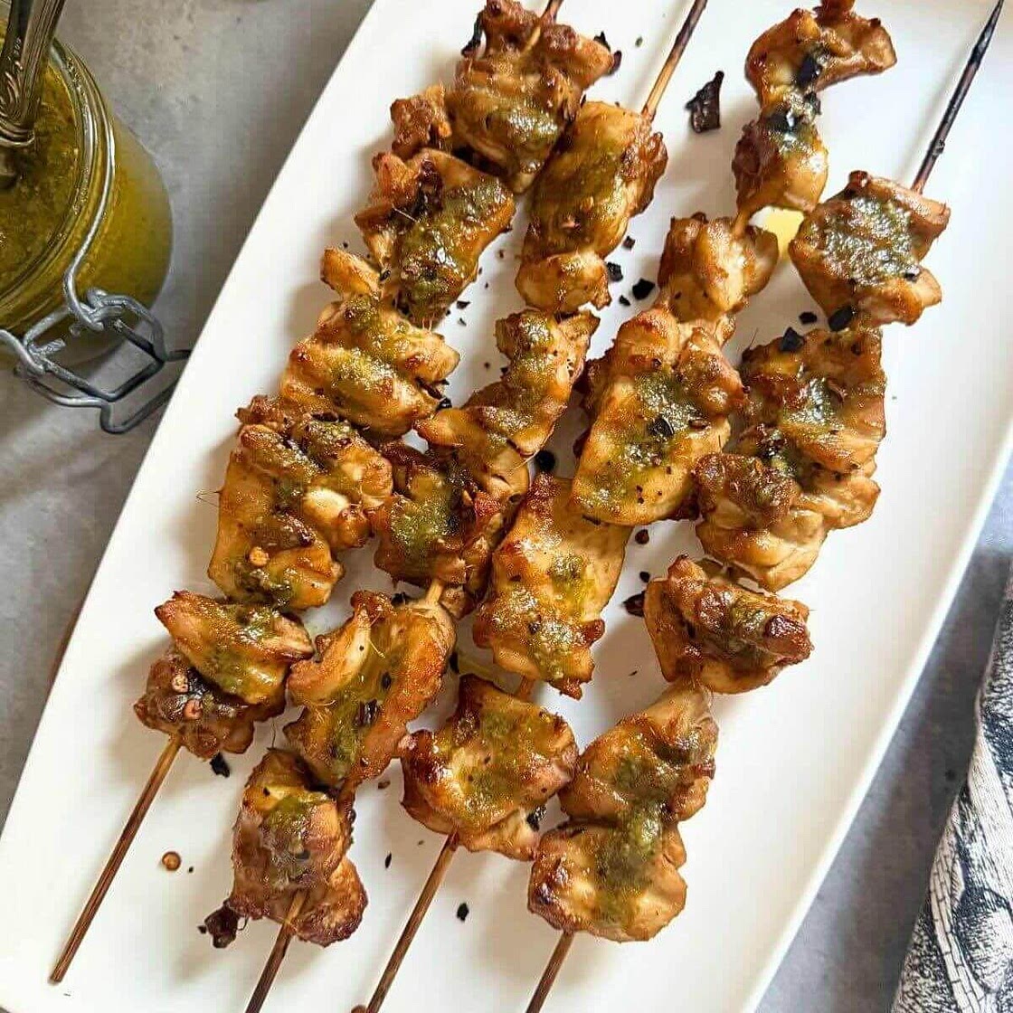 Chicken Satay with Peanut Marinade and Thai Basil Pesto