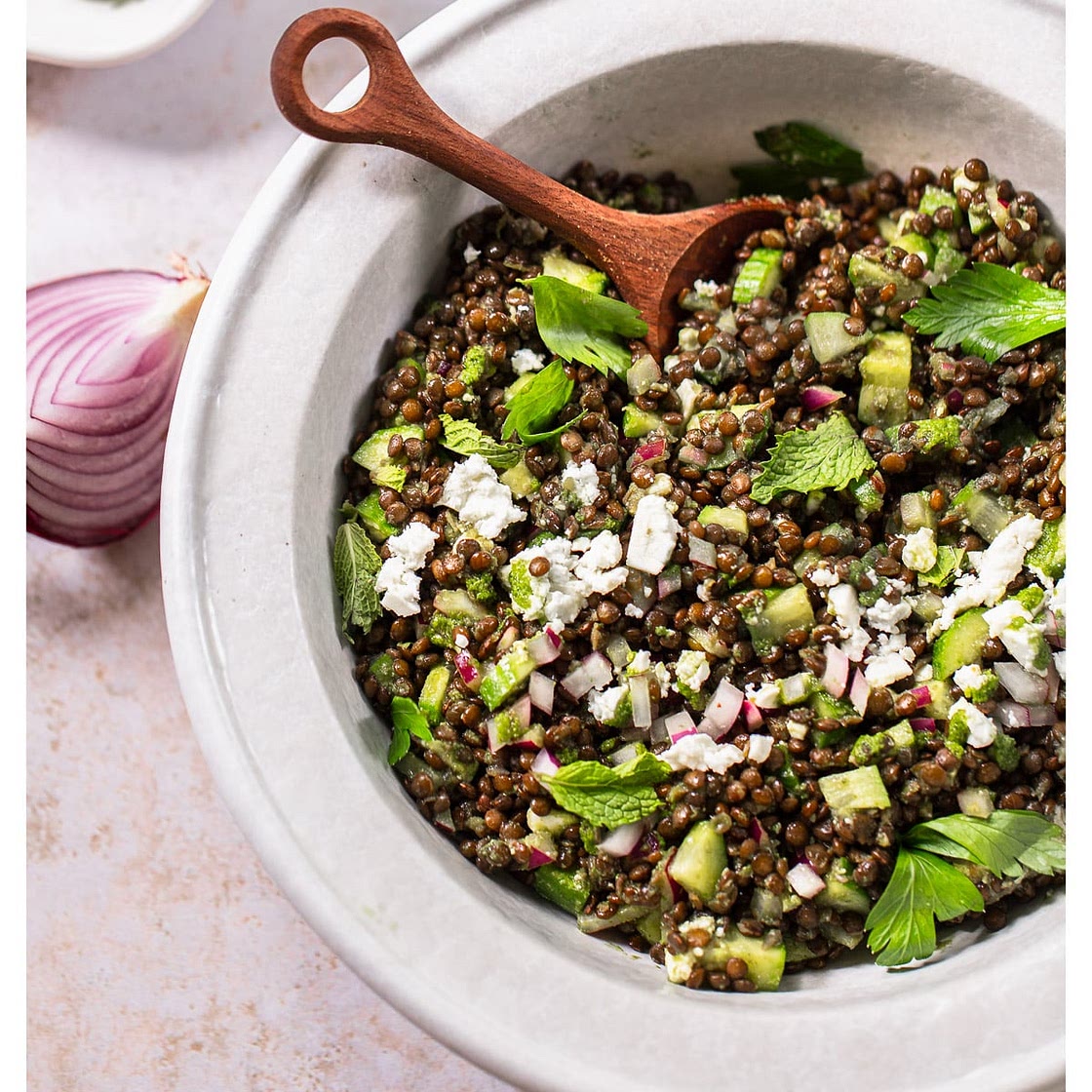 Spicy Black Lentils with Feta and Green Sauce