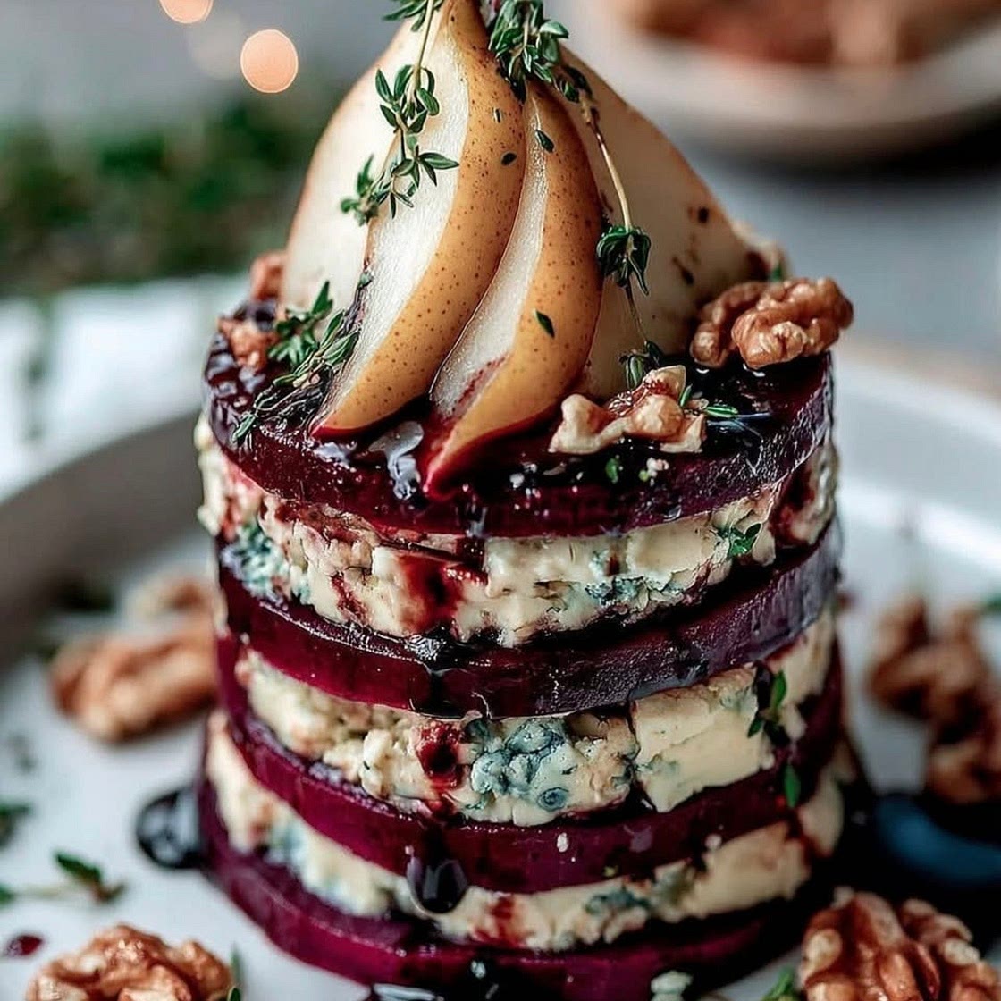 Roasted Beetroot & Gorgonzola Towers with Pear & Balsamic Glaze