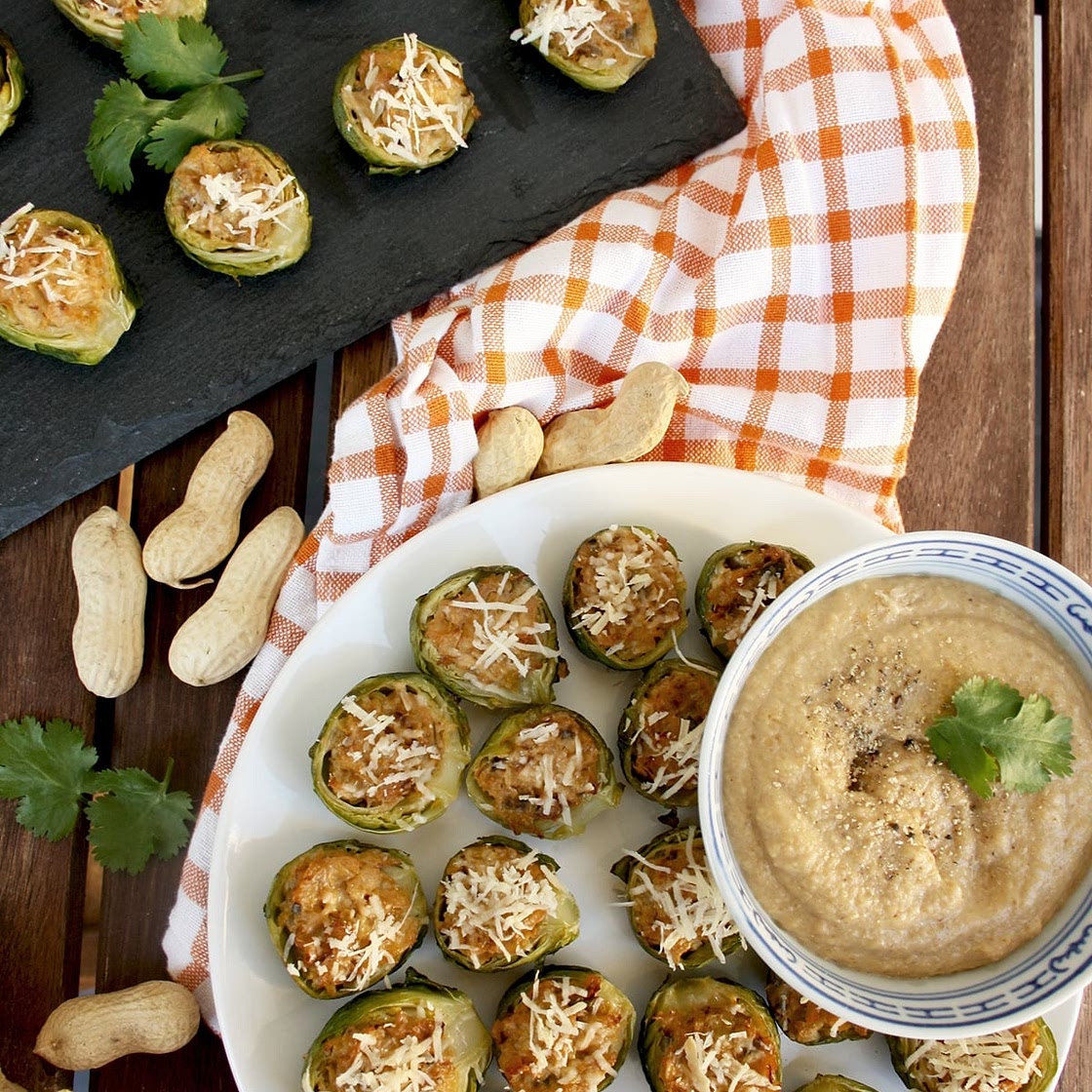 Stuffed Brussels Sprouts with Creamy Peanut Miso Dip