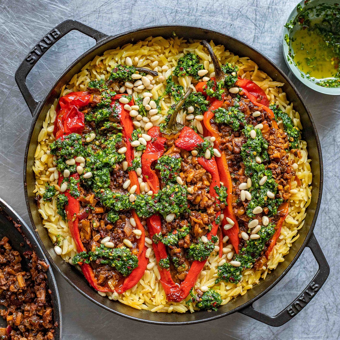 Stuffed Peppers With Garlic Orzo and Zhoug