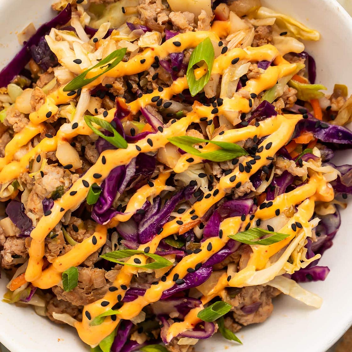 Healthy Egg Roll in a Bowl with Coleslaw Mix