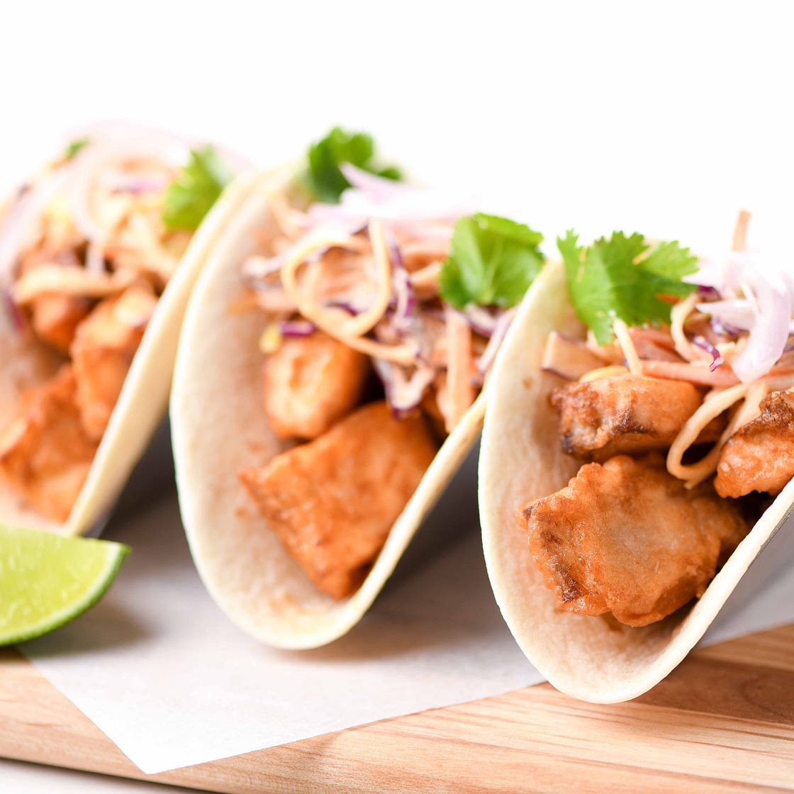 Baja Fish Tacos with Sriracha slaw and pickled shallot