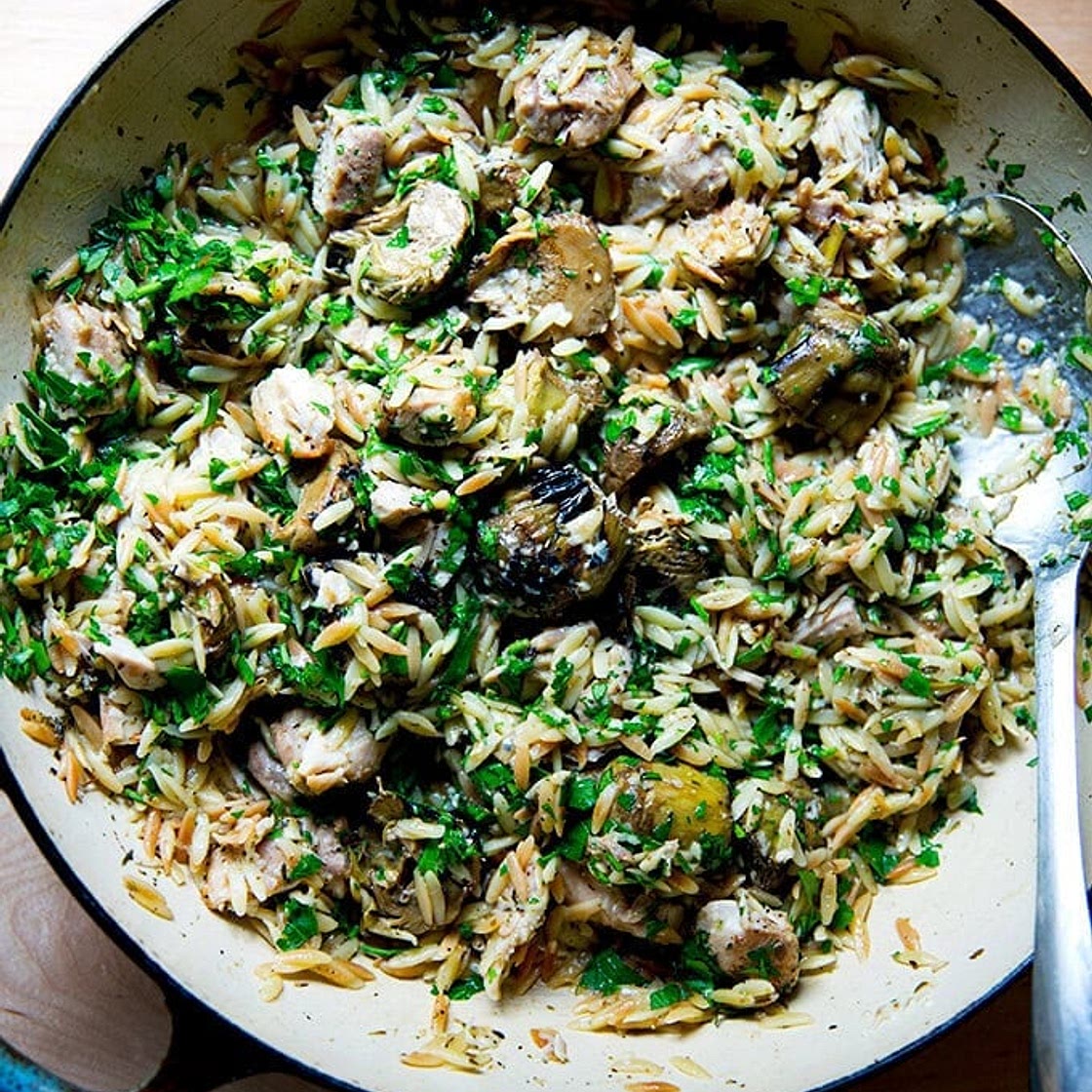 One-Pan Lemon Orzo Chicken with Artichoke Hearts
