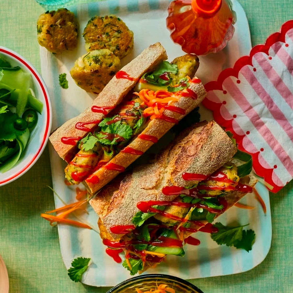 Spicy crab cake banh mi with quick pickles