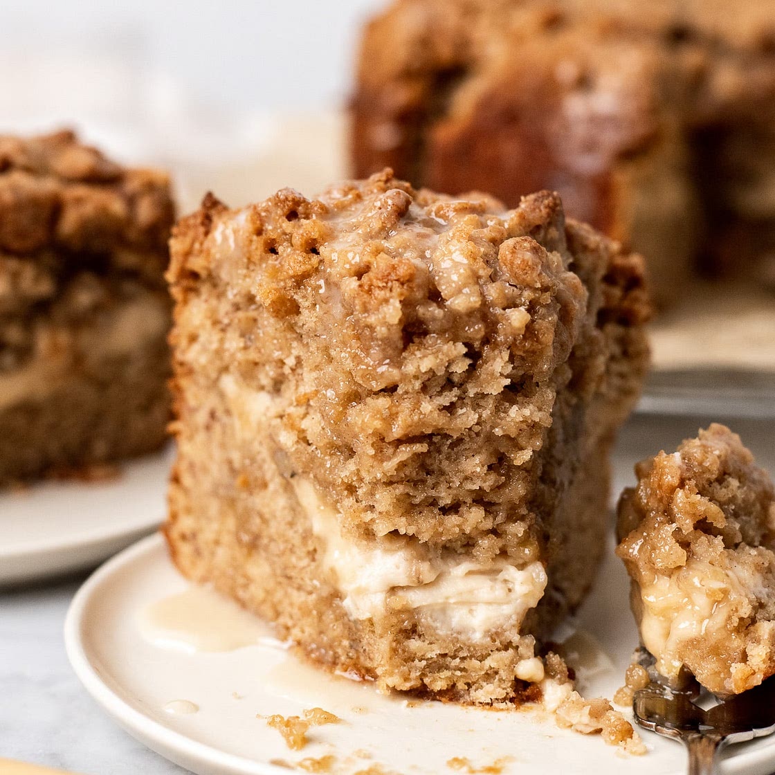 The Easiest Banana Cream Cheese Coffee Cake - No eggs, no dairy!