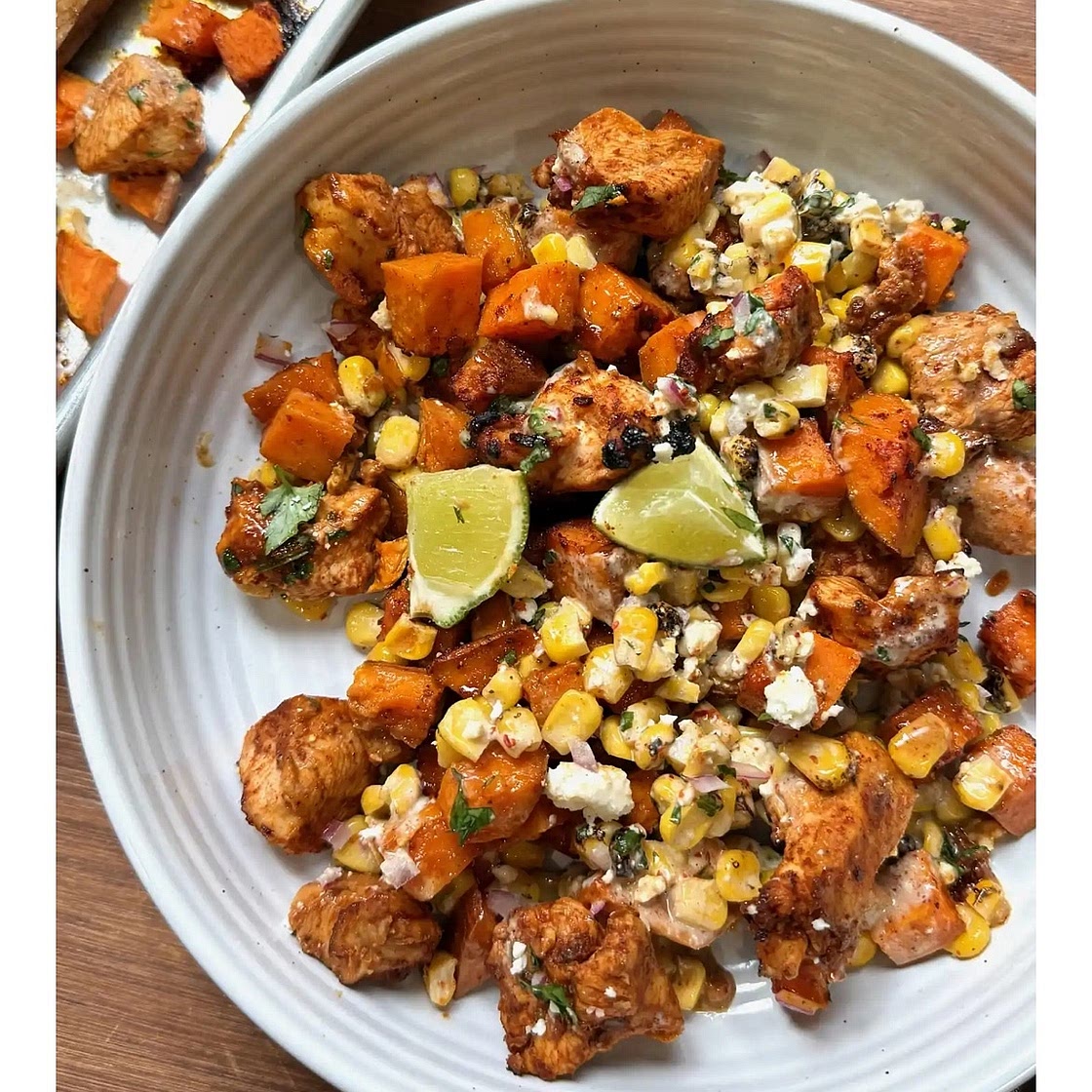 Chipotle lime chicken, sweet potato, elote