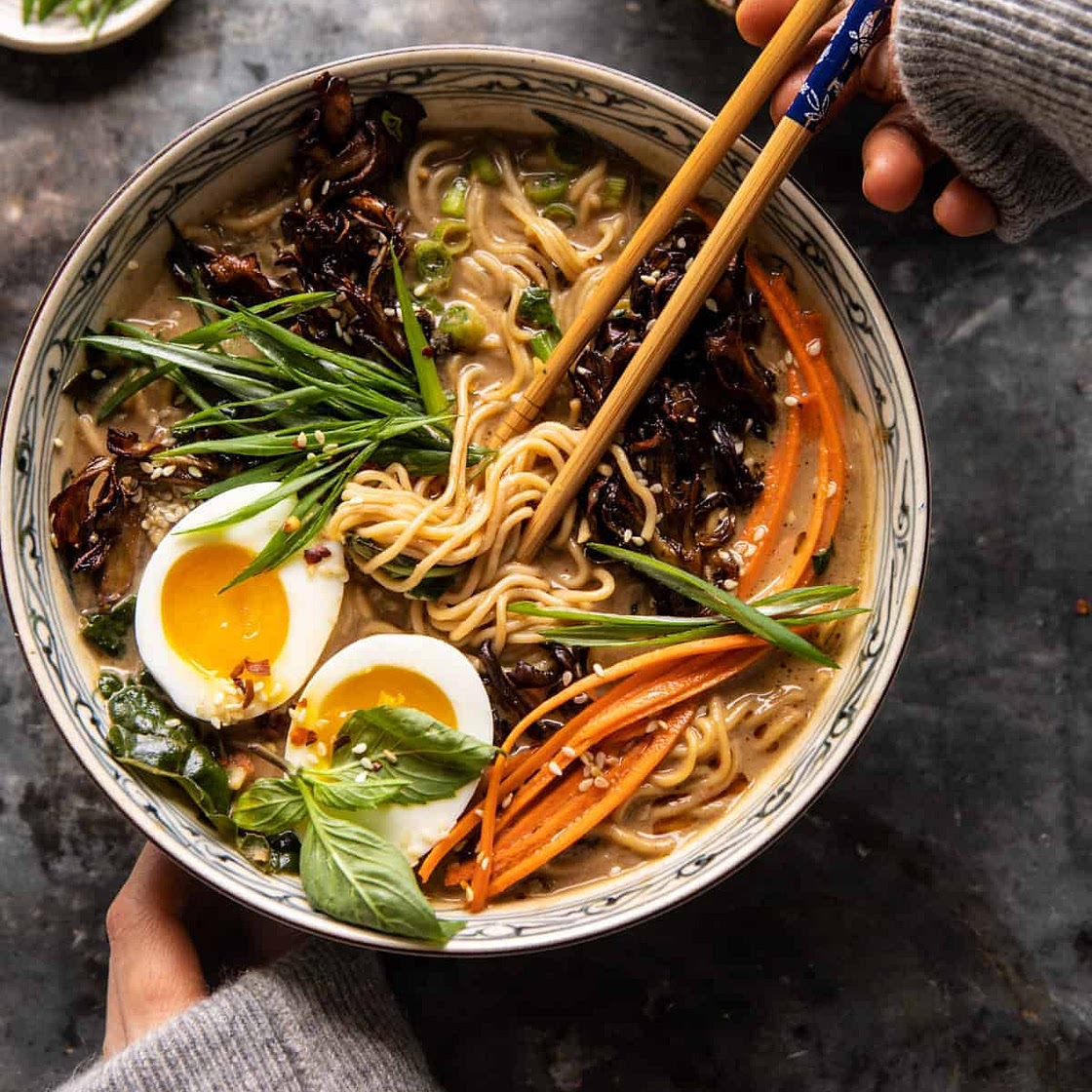 30 Minute Creamy Sesame Miso Ramen with Crispy Mushrooms