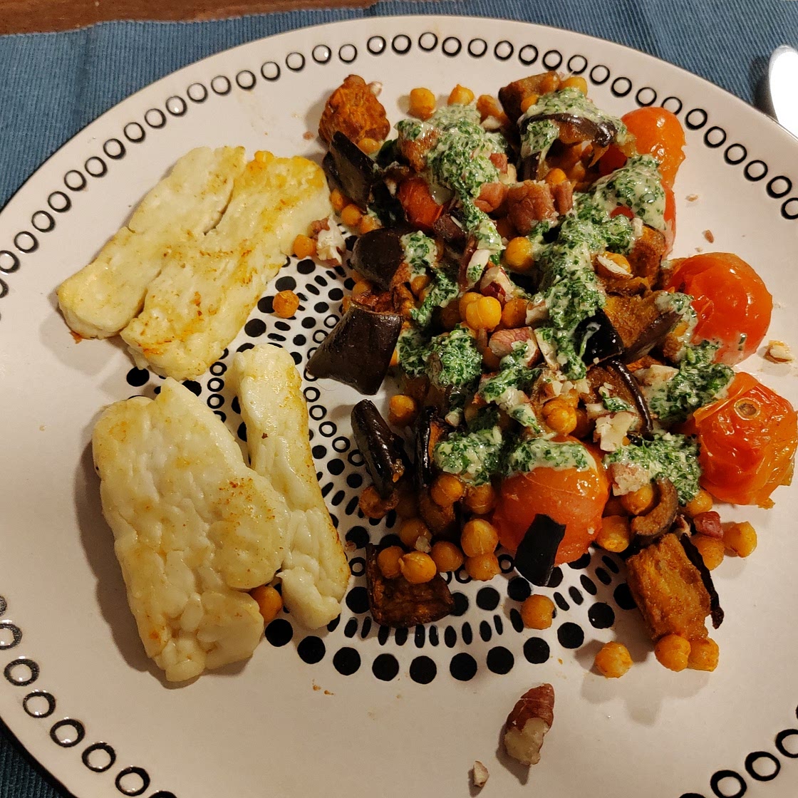 Roast Aubergine with green tahini dressing