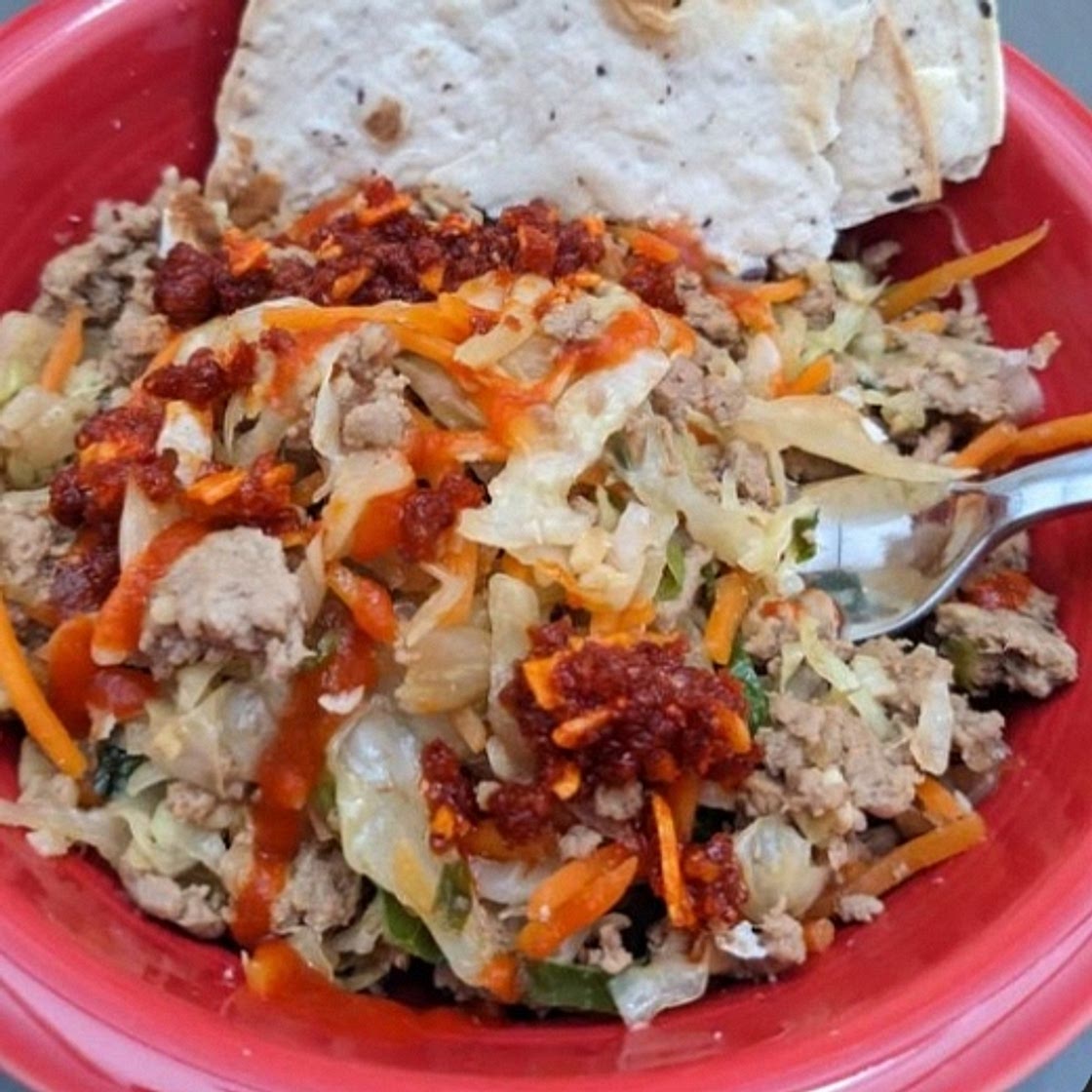 Healthy Egg Roll in a Bowl with Coleslaw Mix