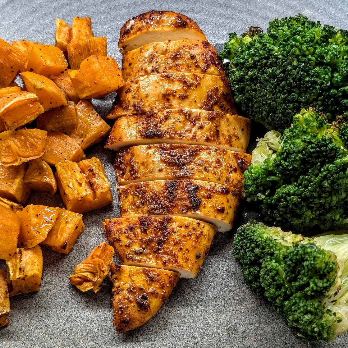 One-Pan Roasted Chicken, Broccoli & Sweet Potatoes + Meal Prep