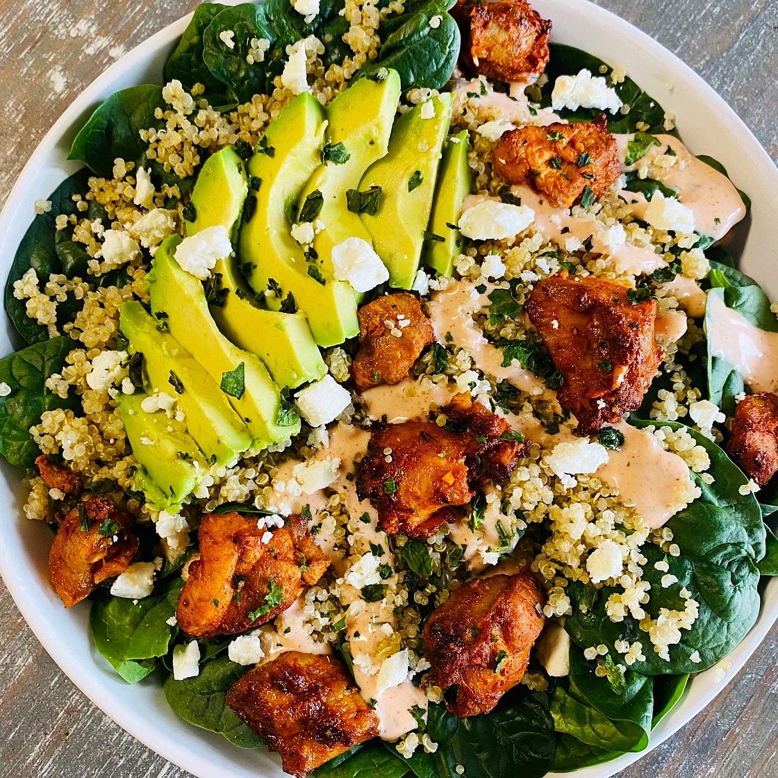 Buffalo Chicken Spinach Quinoa Bowls