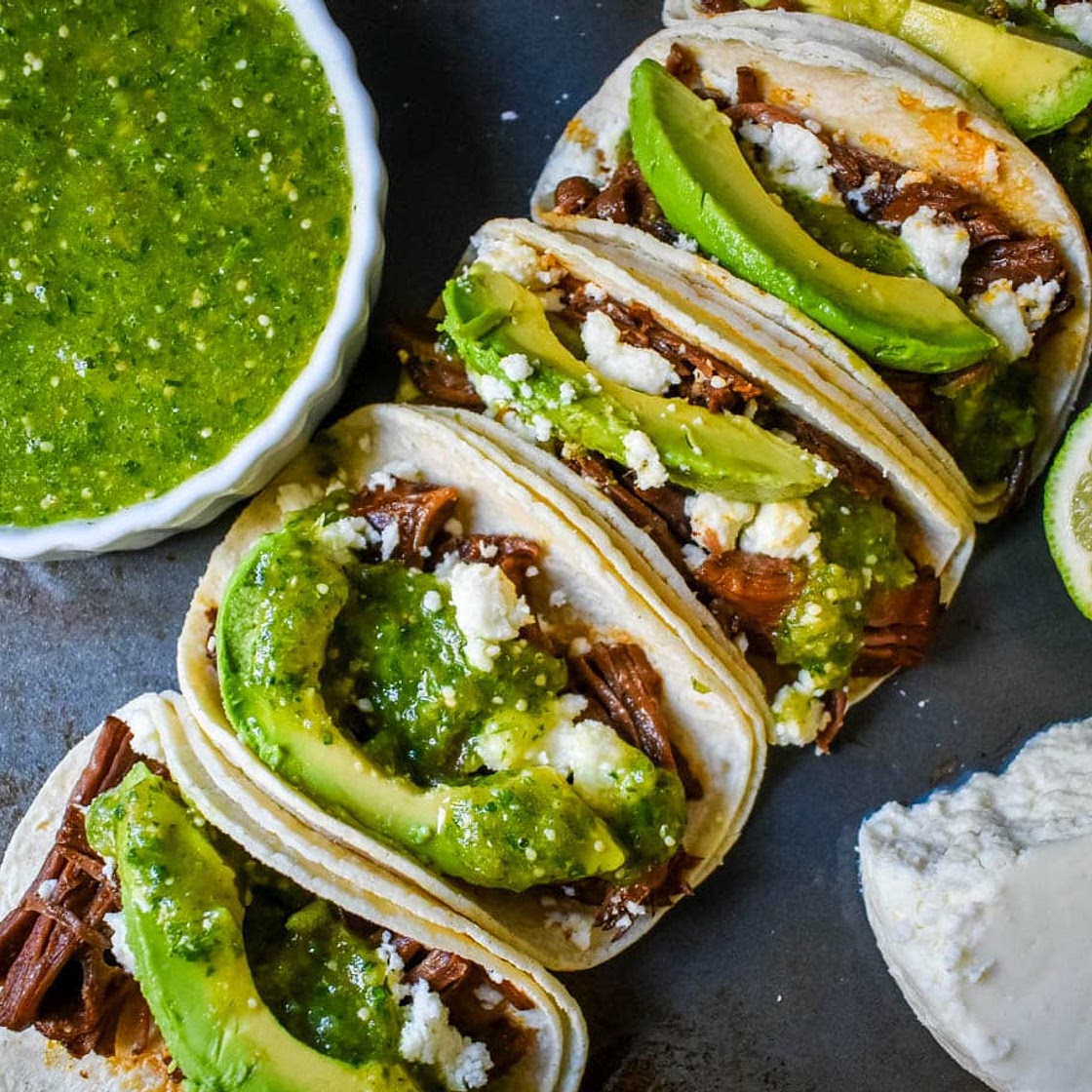 Slow Cooker Beef Barbacoa Tacos with Tomatillo Salsa