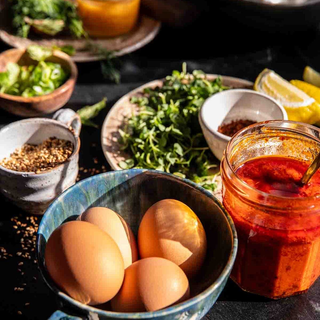 Harissa Eggs in Whipped Goat Cheese