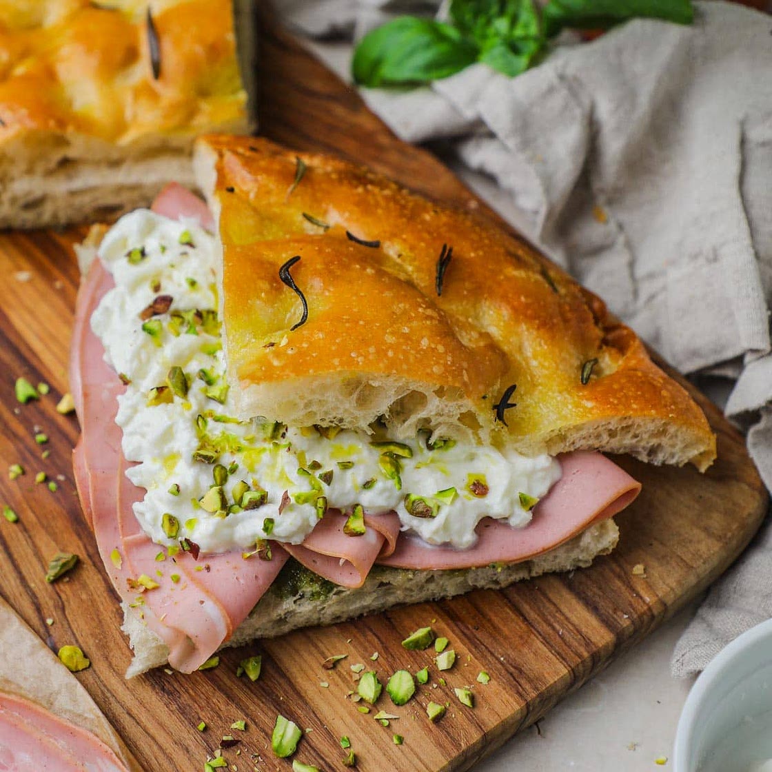 Mortadella, Burrata, and Pesto Panino (Sandwich)
