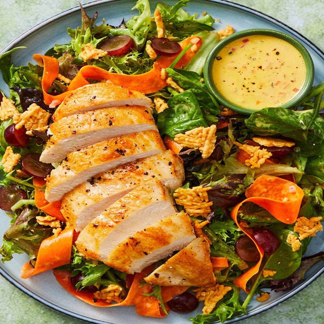 Garlic Herb Organic Chicken with Grape Frico Salad & Honey Dijon–Shallot Dressing