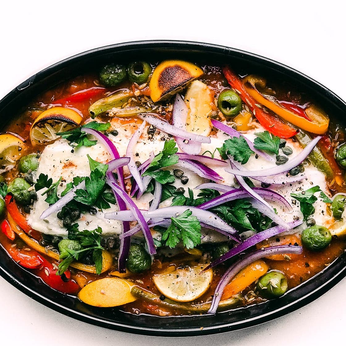Roasted Halibut with Tomatoes, Peppers, and Olives