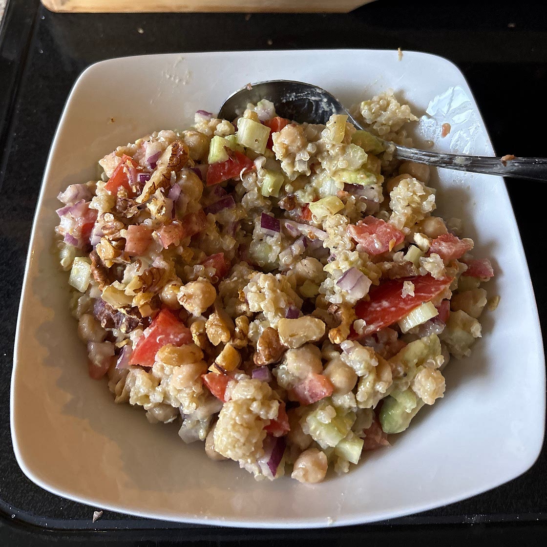 15 min Chickpea Quinoa Salad with cumin tahini dressing