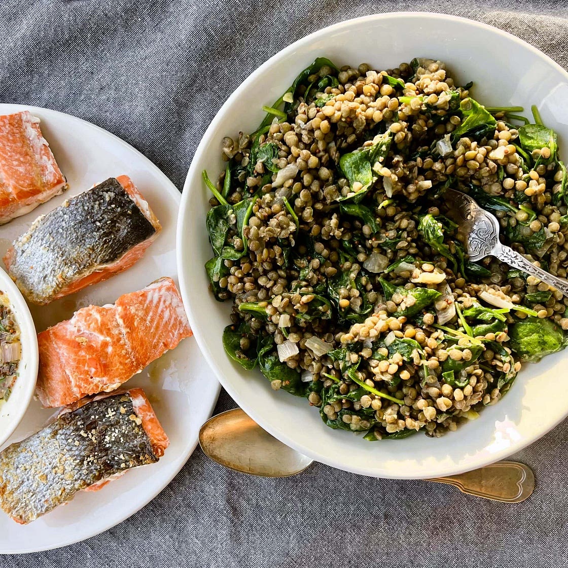 Warm Lentil-and-Spinach Salad with Pan-Roasted Salmon