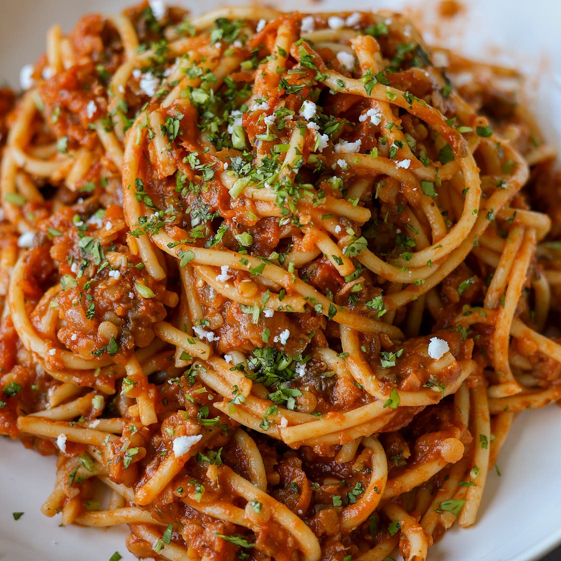 Lentil Bolognese With Spaghetti