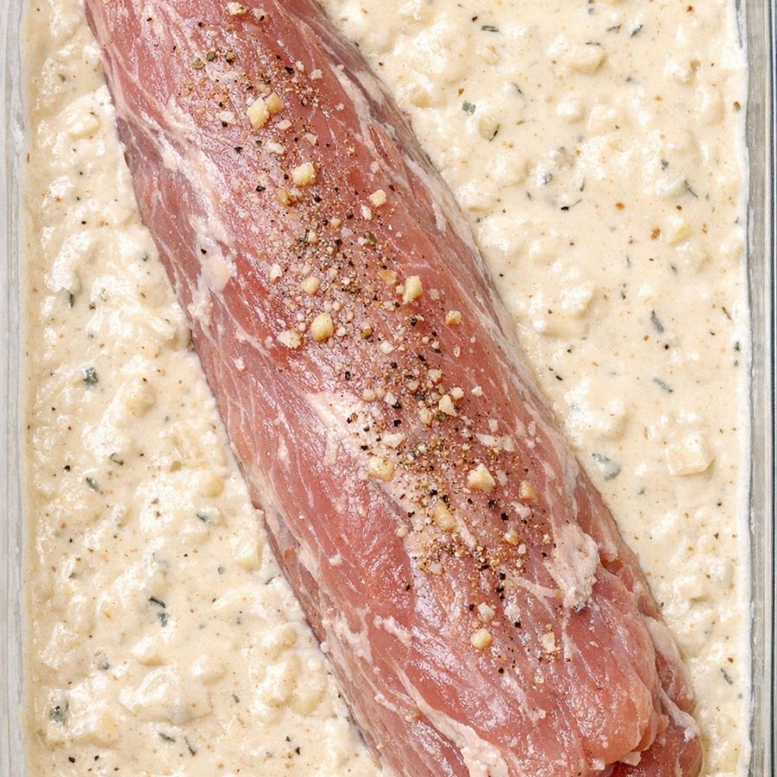 Place raw pork tenderloin in the glass casserole dish and 3 other ingredients to get a meal so delicious your husband will be begging for more