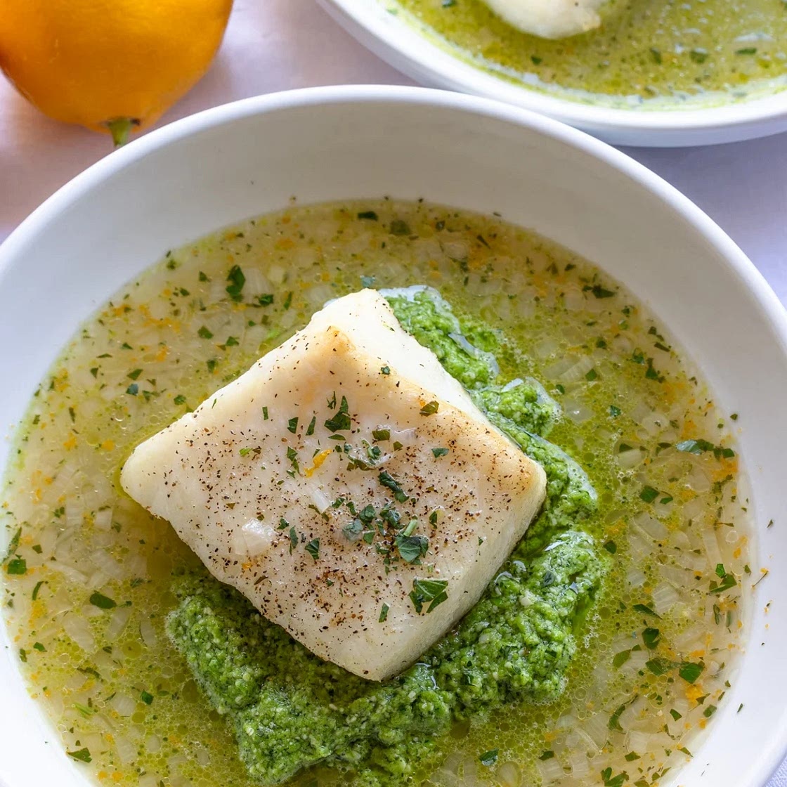 Lemon Soup with Pea Puree and Sea Bass