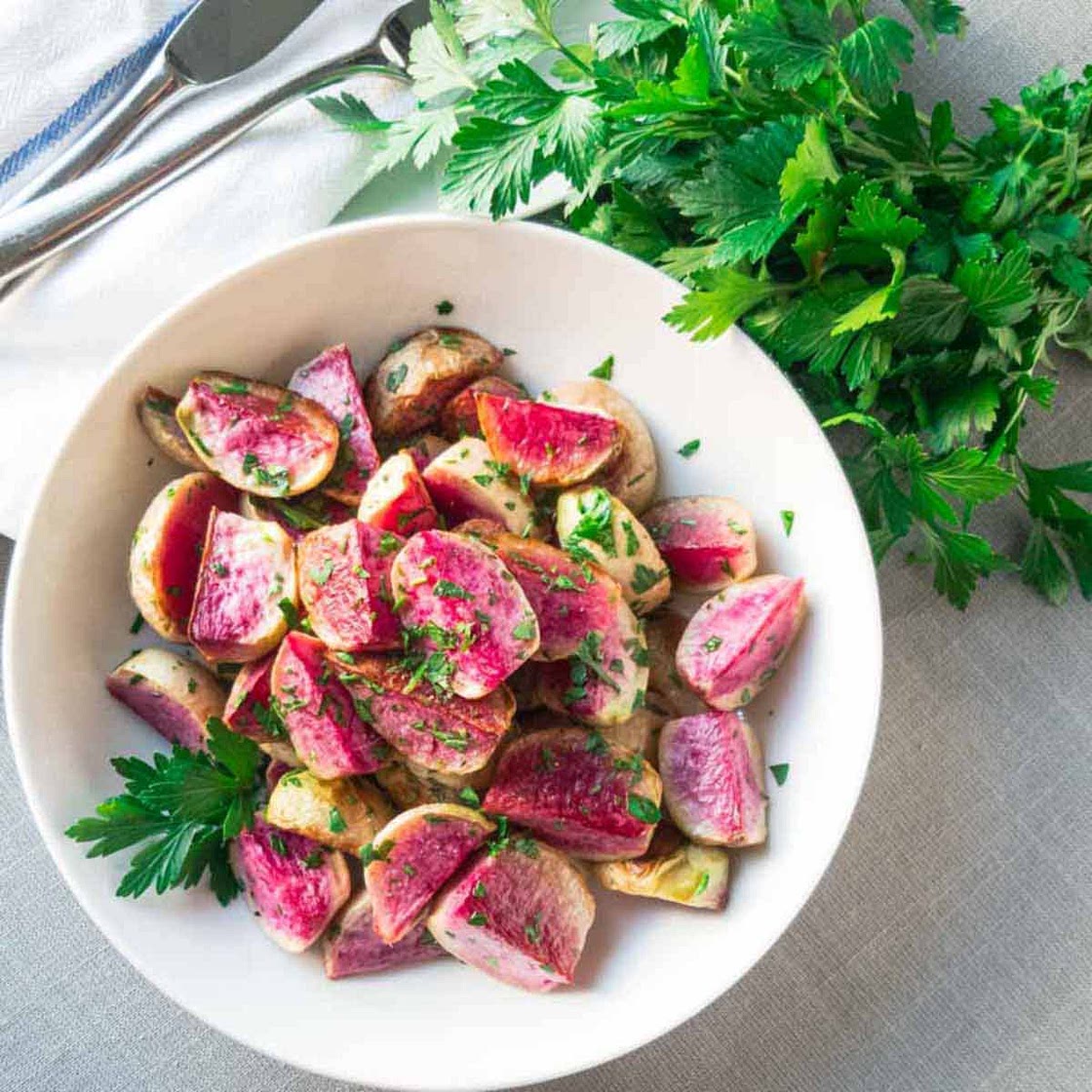 Roasted Watermelon Radishes with Lemon and Herb