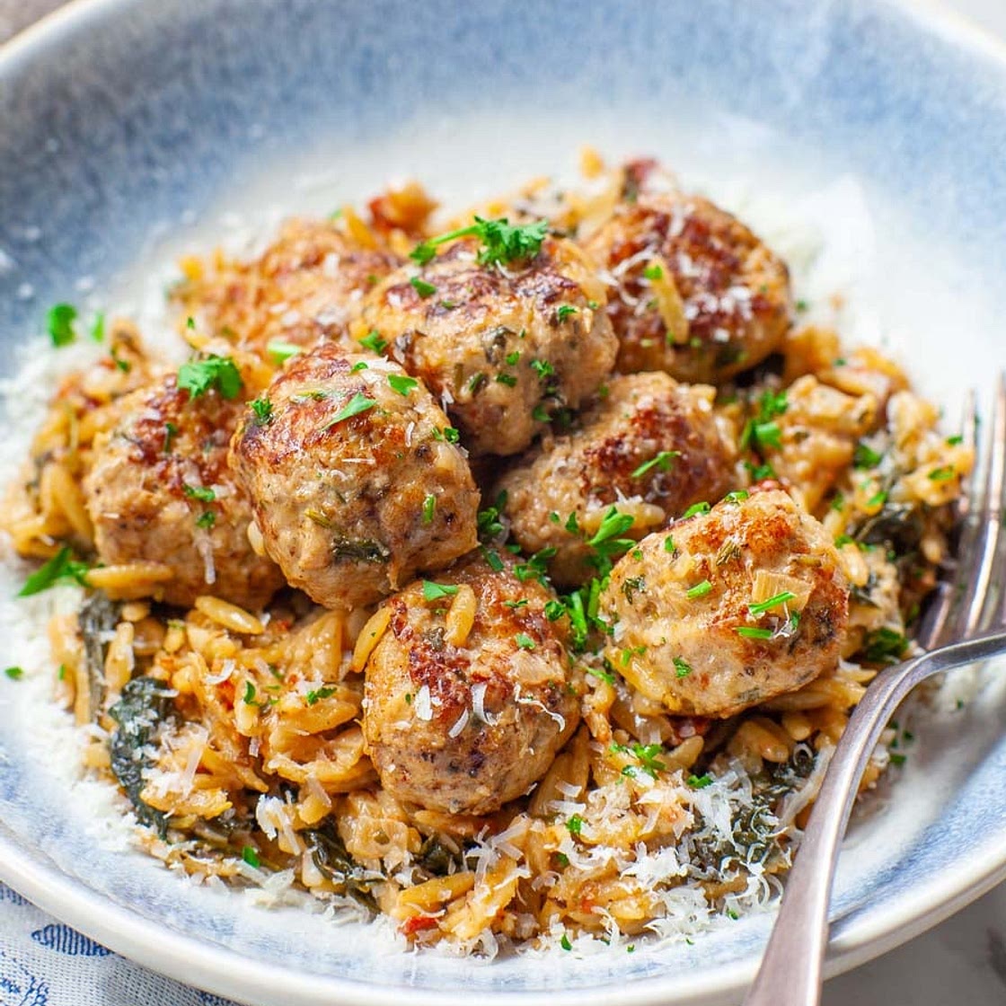 Creamy Tuscan Turkey Meatballs with Orzo Pasta (video)