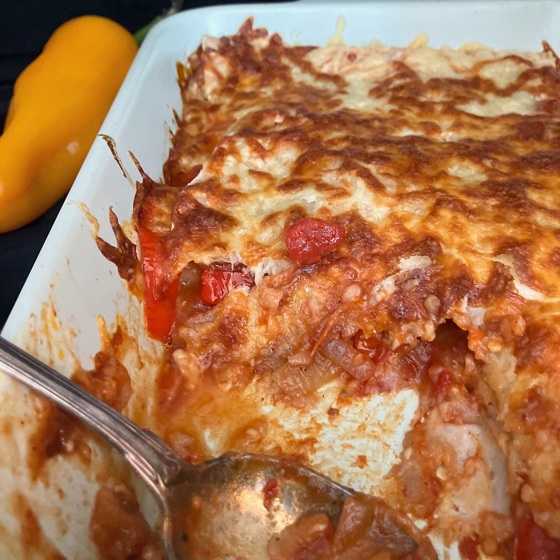 No Meat Tortilla Bake with Peppers and Onions