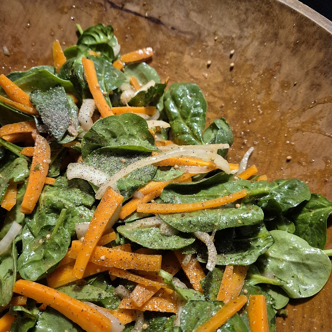 Wilted Spinach Salad with Marinated Onions in Mustard Seed Dressing