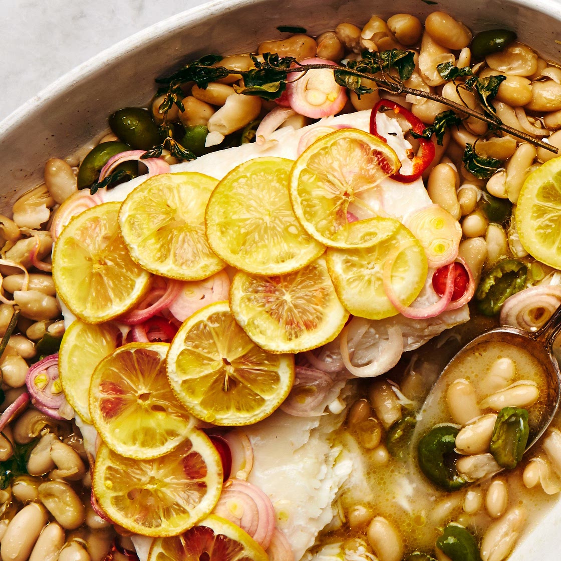 Roast Fish With Cannellini Beans and Green Olives