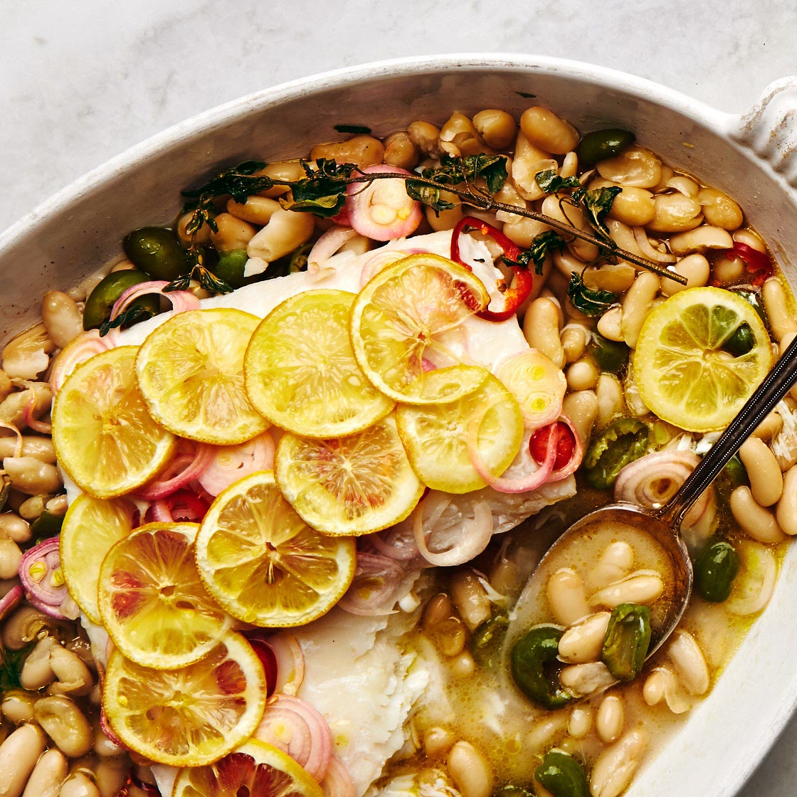 Roast Fish With Cannellini Beans and Green Olives