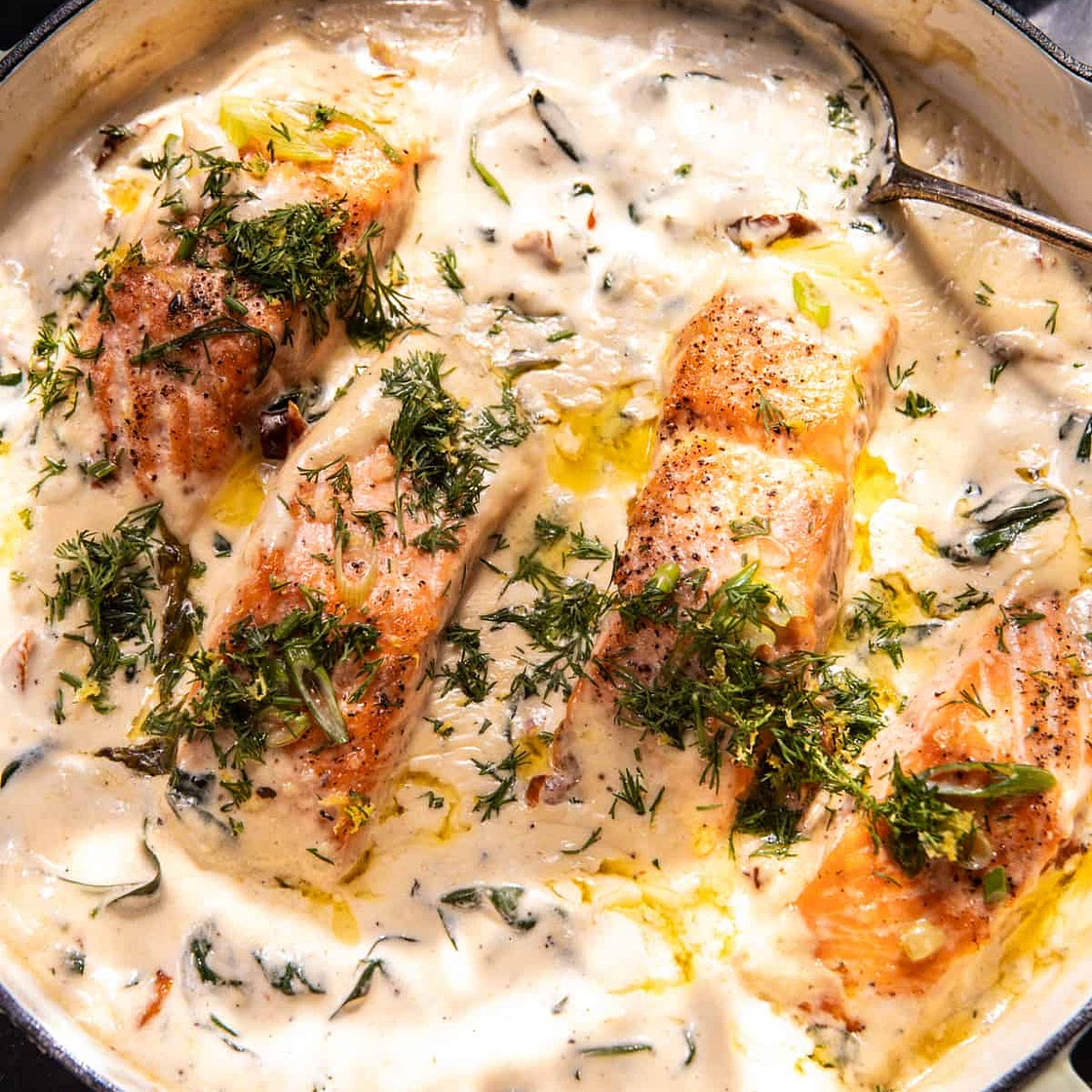 Garlic Butter Baked Salmon In Lemony Parmesan Cream