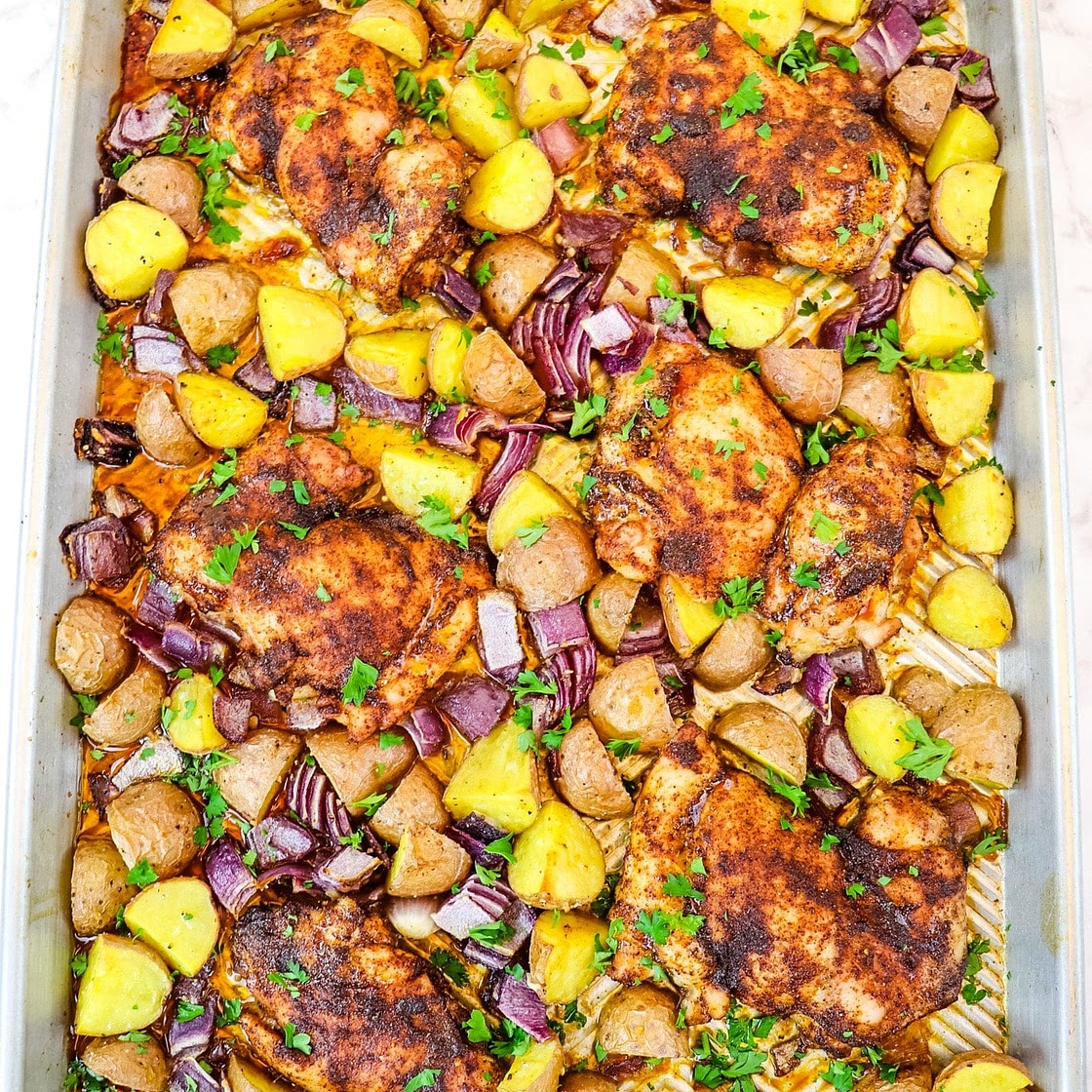 Sweet and Savory Sheet Pan Chicken Thighs with Potatoes