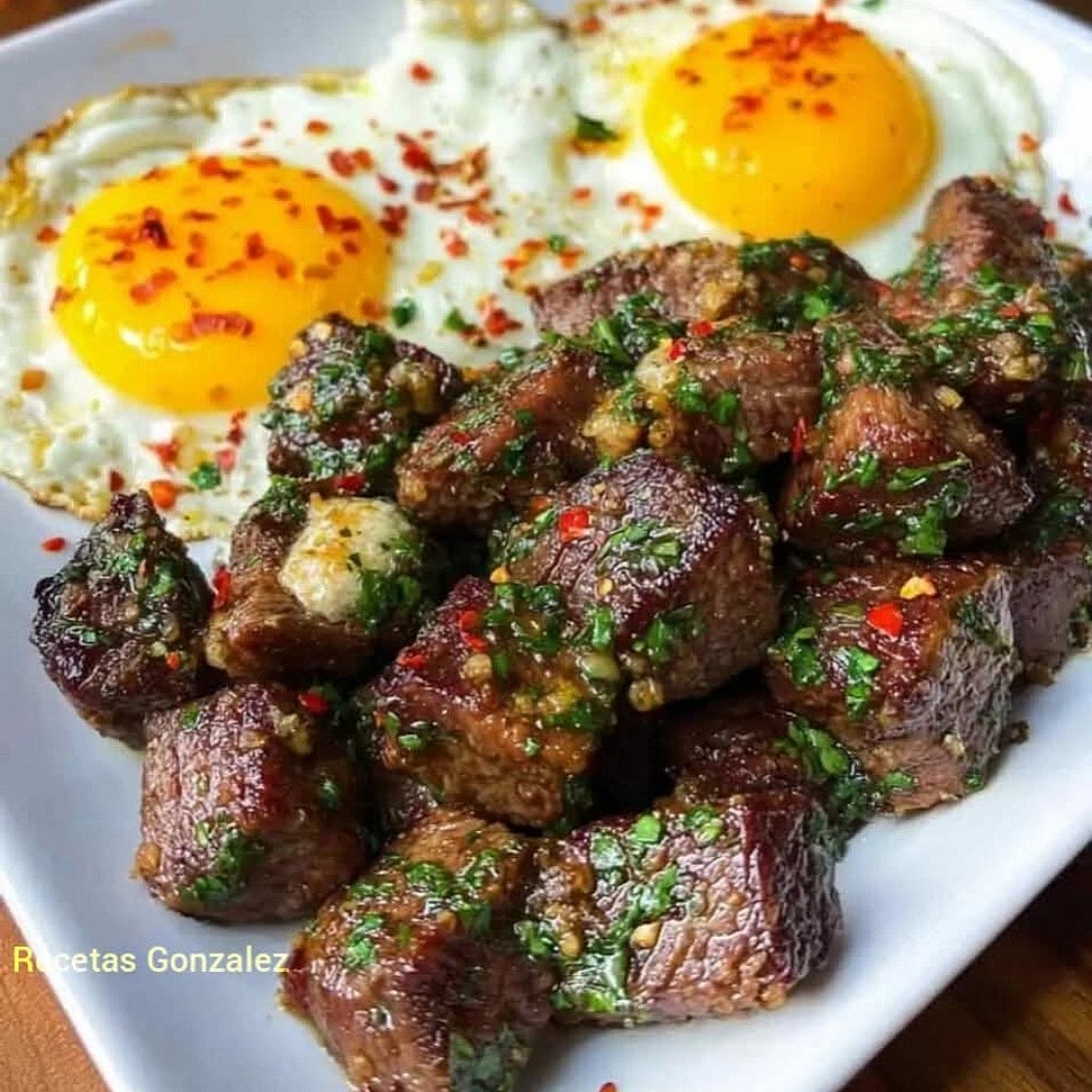 Sarten de bistec con mantequilla de ajo y huevos