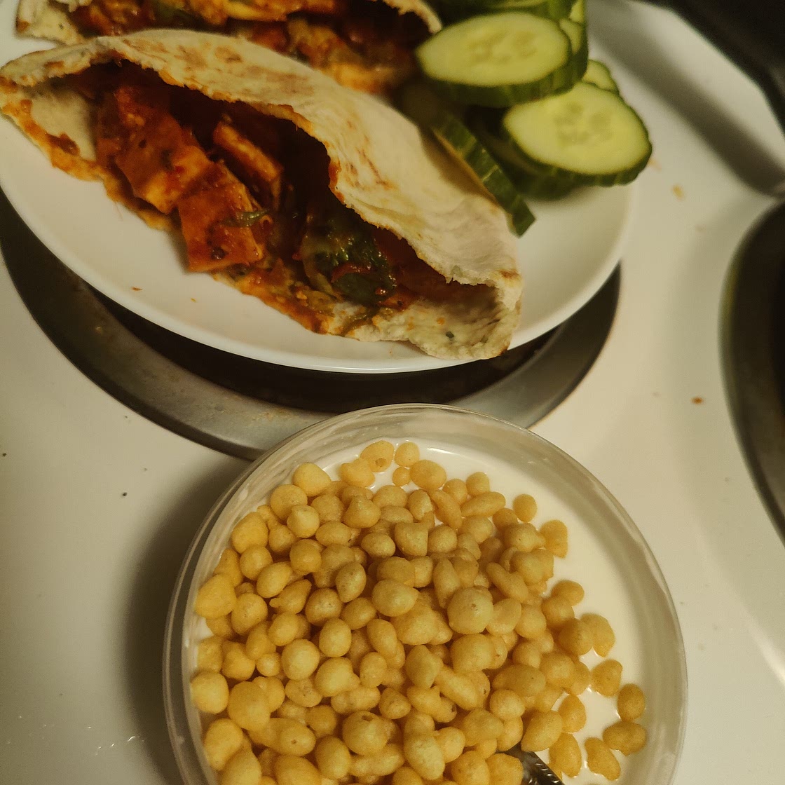 Schezwan tofu and brussel sprouts pita bread