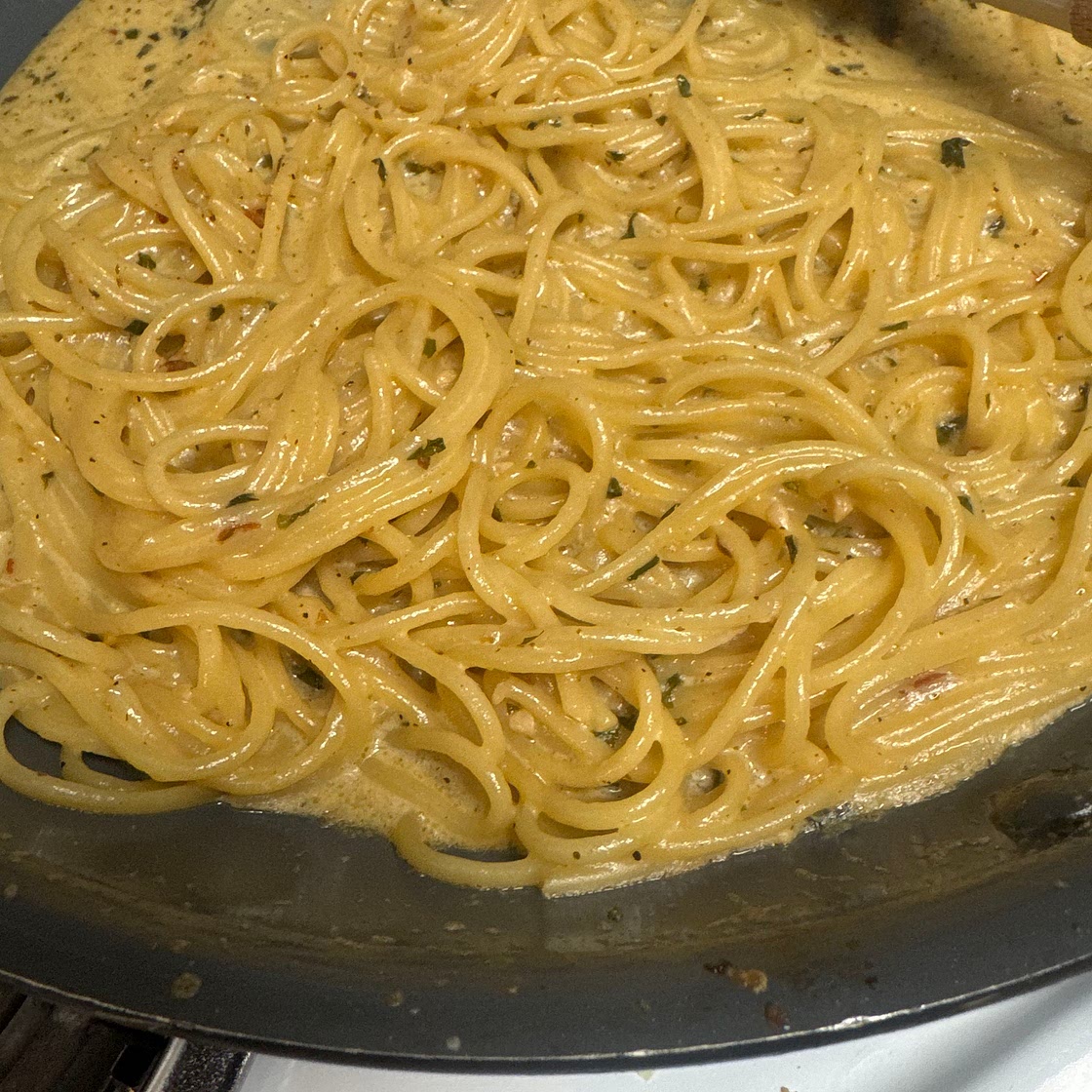 Basil Parmesan Pasta with Crispy Chicken, Prosciutto, and Arugula