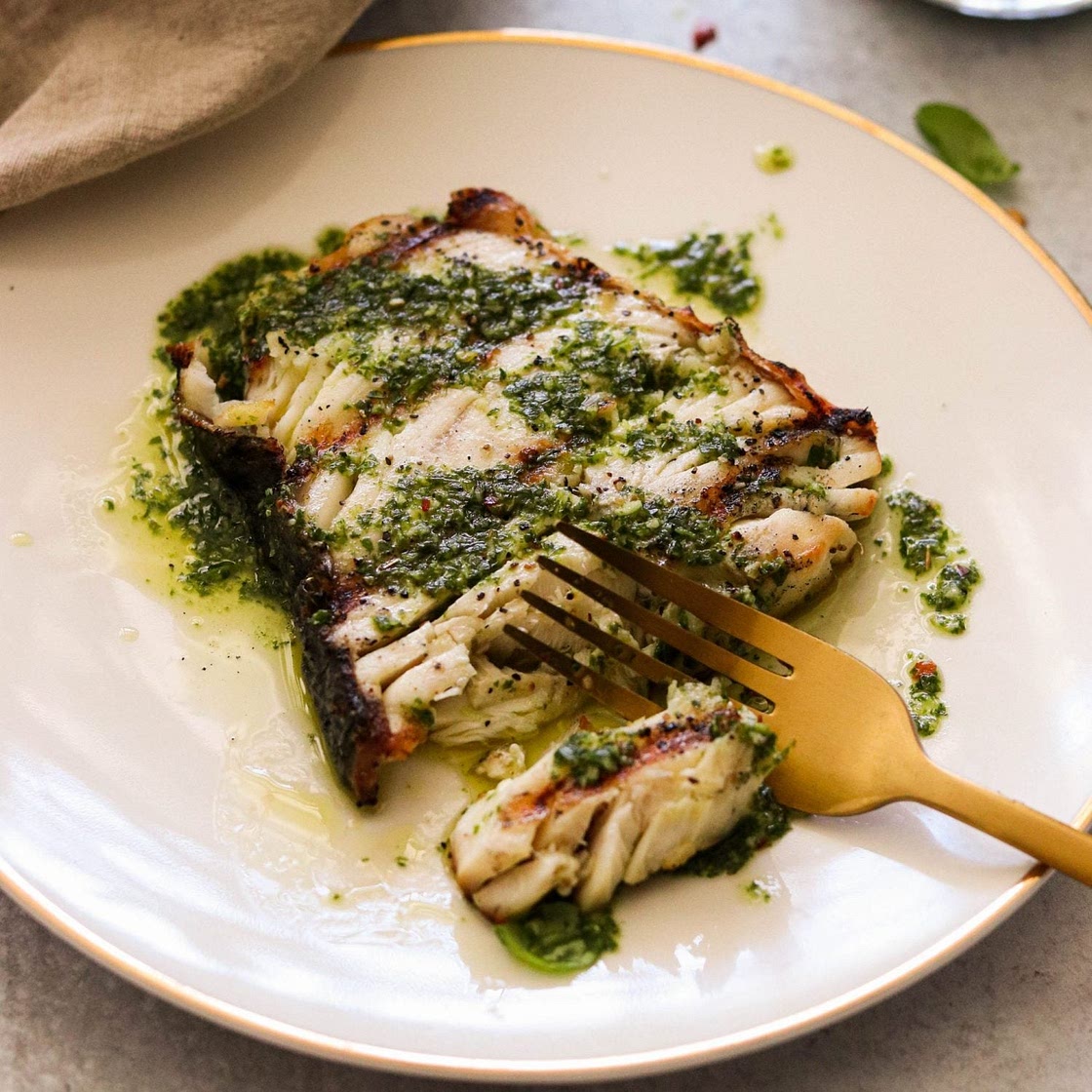 Grilled Keto Halibut Steaks with Basil Chimichurri Sauce (Paleo, Whole30, AIP Option))