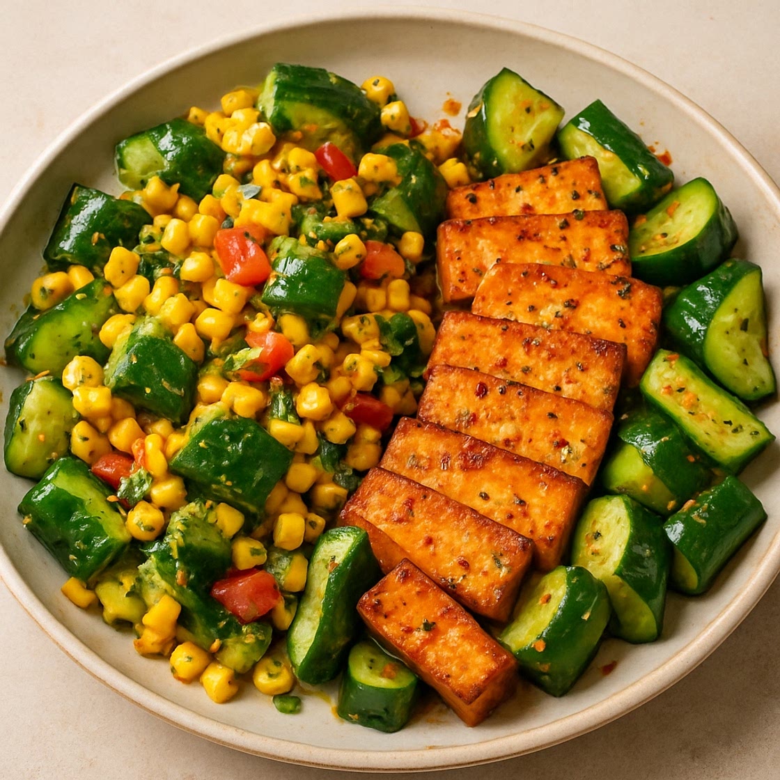 smashed cucumber Mexican corn salad and spicy cucumber tofu!