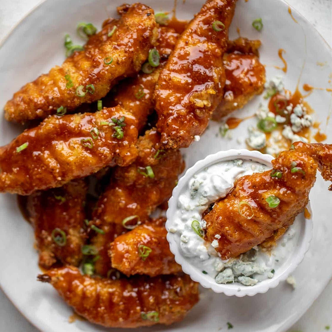 Sticky Chicken Fingers with Yogurt Blue Cheese Sauce