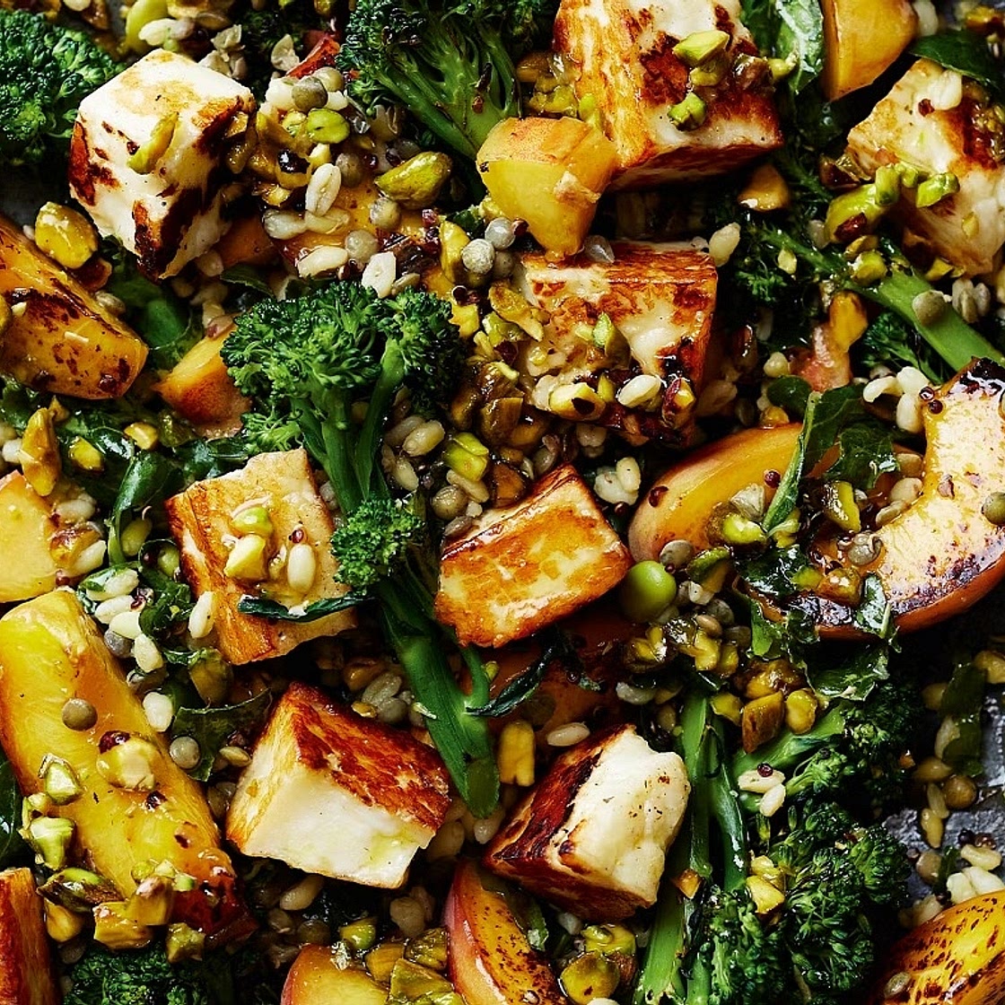 Peach halloumi grain salad 
