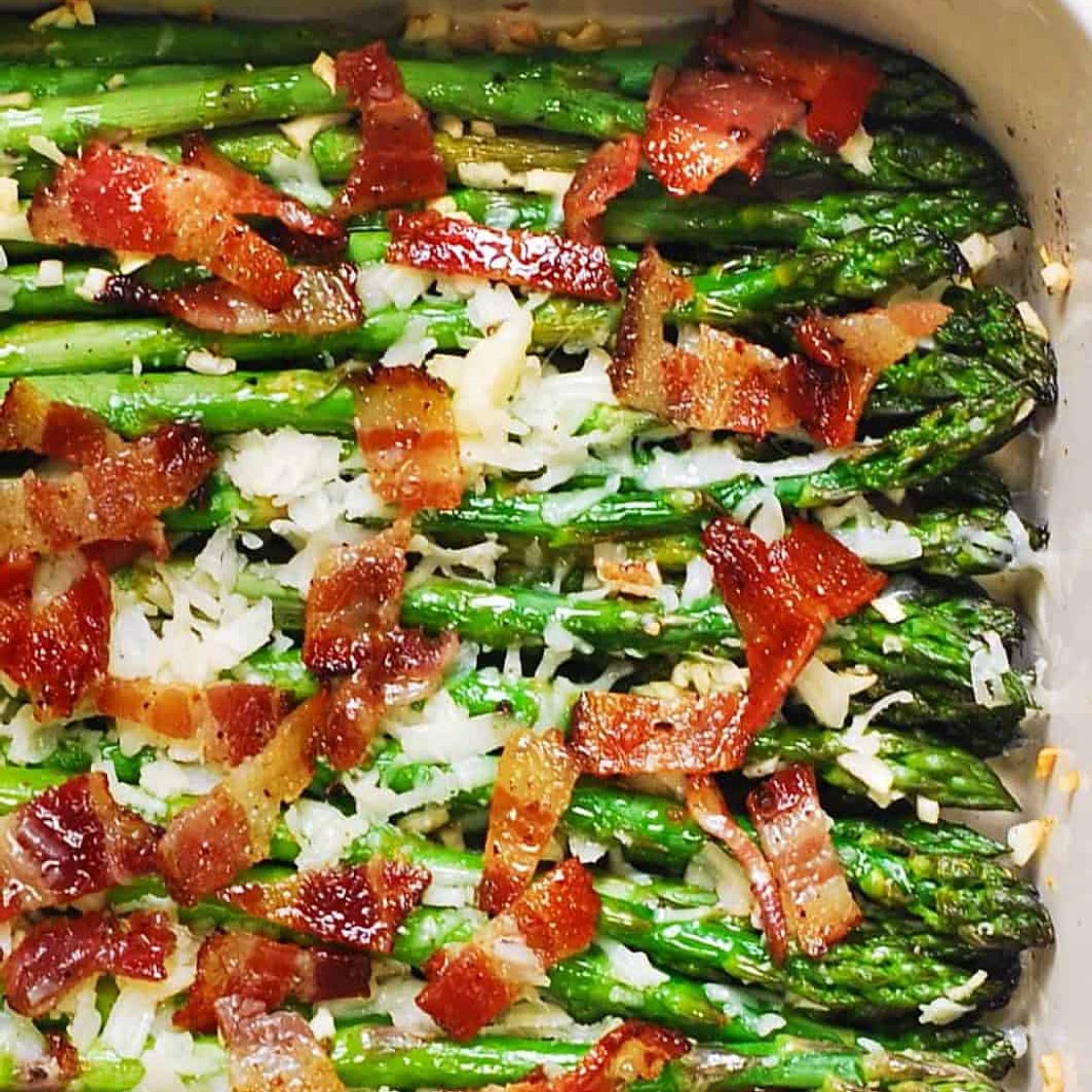 Cheesy Baked Asparagus with Gruyere cheese, Garlic, and Bacon