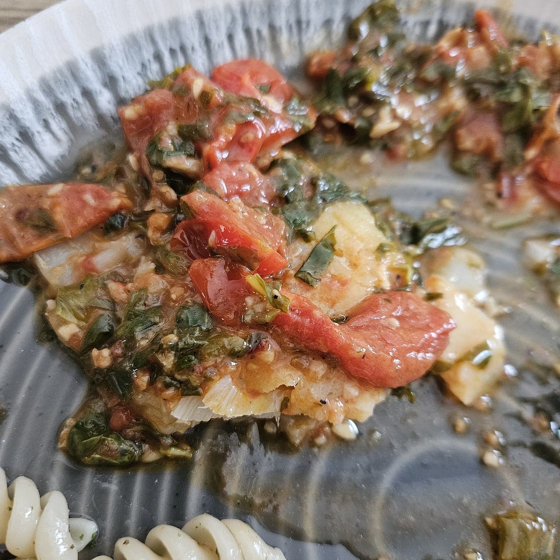 Pan-Seared Cod in White Wine Tomato Basil Sauce