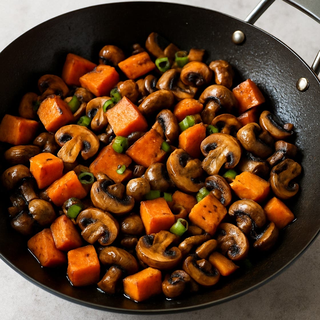 Süßkartoffeln mit Pilzen aus dem Wok