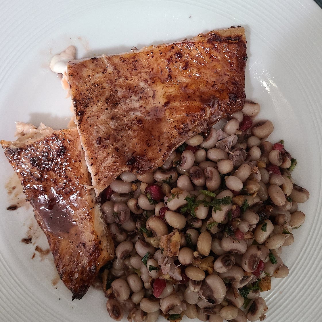 Glazed Salmon with Black Eyed Peas, Walnuts, and Pomegranate