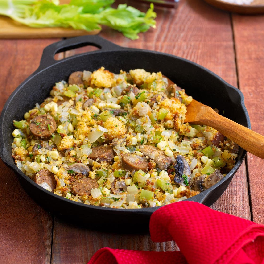 Skillet Vegan Cornbread and Sausage Stuffing