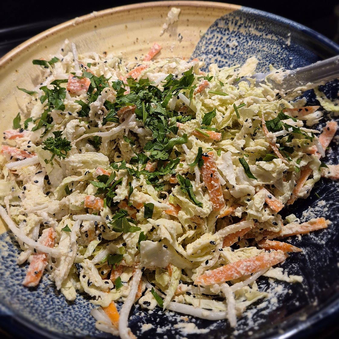 Black sesame Asian slaw with ginger cashew mayo