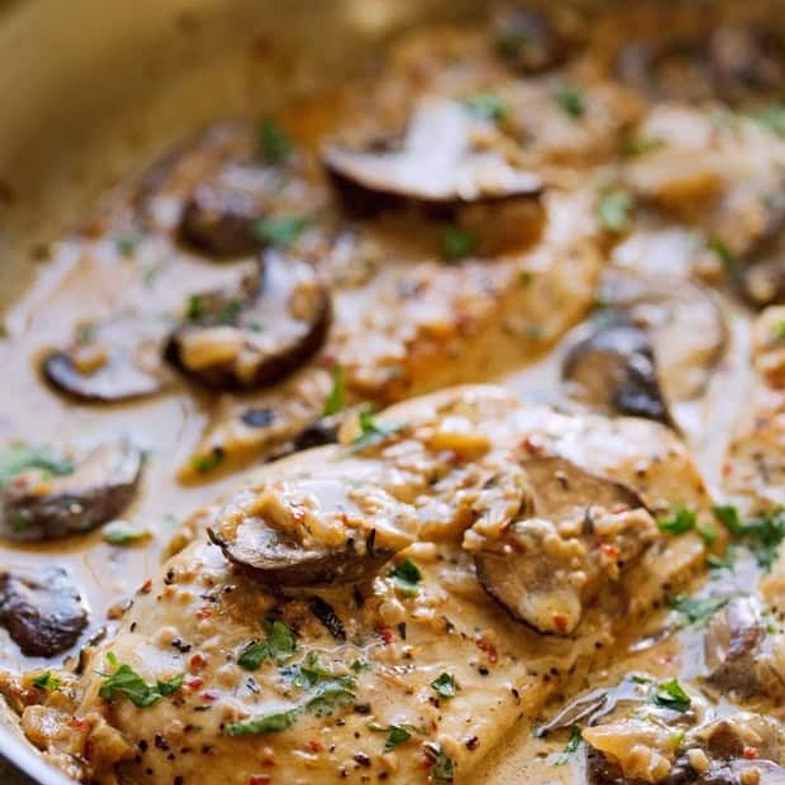 One Skillet Chicken with Garlicky Mushroom Cream Sauce