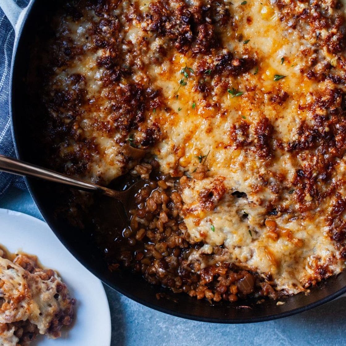French Onion Baked Lentils and Farro